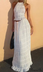 Halterneck Ruched Open Back Tie Trendy Up Top And Maxi Skirt Set image 16