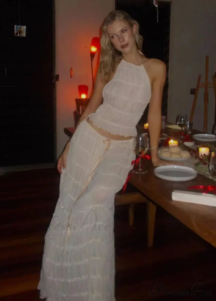 Halterneck Ruched Open Back Tie Trendy Up Top And Maxi Skirt Set image 15