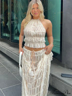 Halterneck Ruched Open Back Tie Trendy Up Top And Maxi Skirt Set image 1