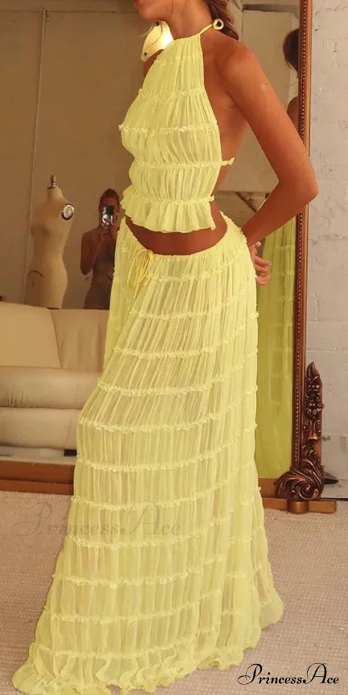Halterneck Ruched Open Back Tie Trendy Up Top And Maxi Skirt Set image 19