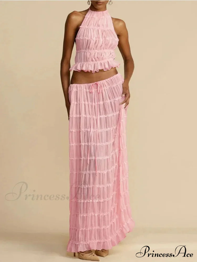Halterneck Ruched Open Back Tie Trendy Up Top And Maxi Skirt Set image 9