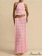Halterneck Ruched Open Back Tie Trendy Up Top And Maxi Skirt Set image 9