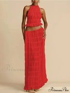 Halterneck Ruched Open Back Tie Trendy Up Top And Maxi Skirt Set image 8