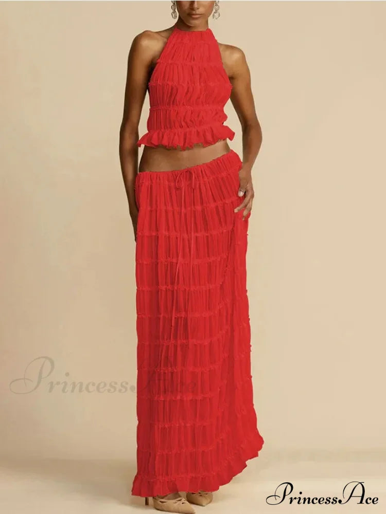 Halterneck Ruched Open Back Tie Trendy Up Top And Maxi Skirt Set image 8