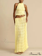 Halterneck Ruched Open Back Tie Trendy Up Top And Maxi Skirt Set image 11