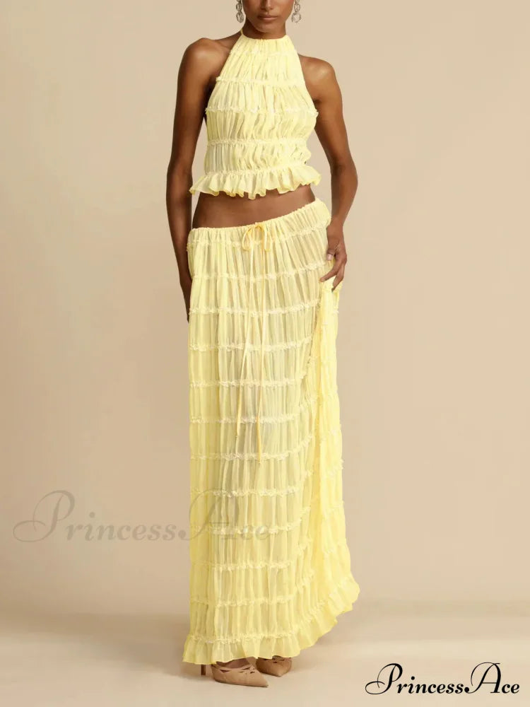Halterneck Ruched Open Back Tie Trendy Up Top And Maxi Skirt Set image 11