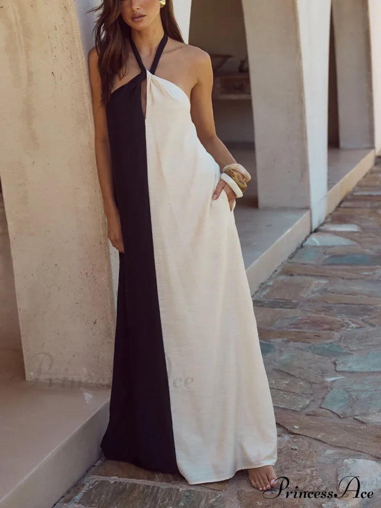 Hanging Neck Bold Contrast Color Trendy Halter Pocketed A-Line Maxi Dress image 1
