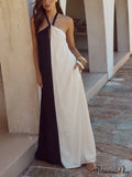 Hanging Neck Bold Contrast Color Trendy Halter Pocketed A-Line Maxi Dress image 1