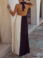 Hanging Neck Bold Contrast Color Trendy Halter Pocketed A-Line Maxi Dress image 5