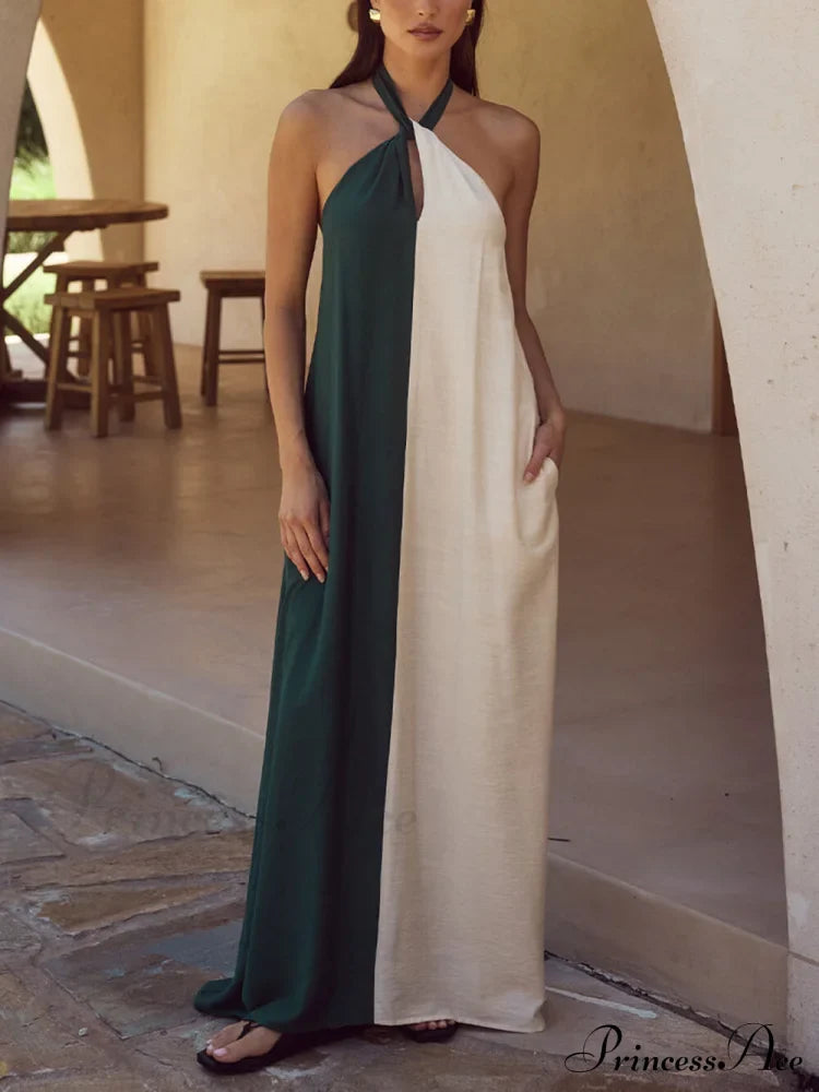 Hanging Neck Bold Contrast Color Trendy Halter Pocketed A-Line Maxi Dress image 6