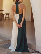 Hanging Neck Bold Contrast Color Trendy Halter Pocketed A-Line Maxi Dress image 7