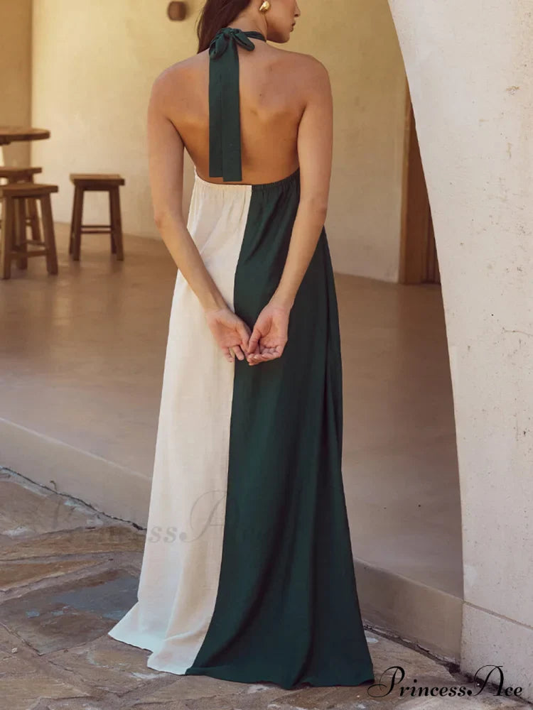 Hanging Neck Bold Contrast Color Trendy Halter Pocketed A-Line Maxi Dress image 7
