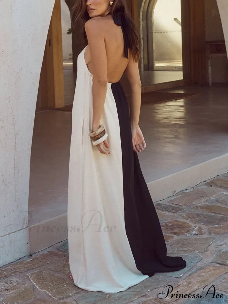 Hanging Neck Bold Contrast Color Trendy Halter Pocketed A-Line Maxi Dress image 3