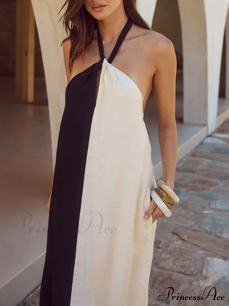 Hanging Neck Bold Contrast Color Trendy Halter Pocketed A-Line Maxi Dress image 4