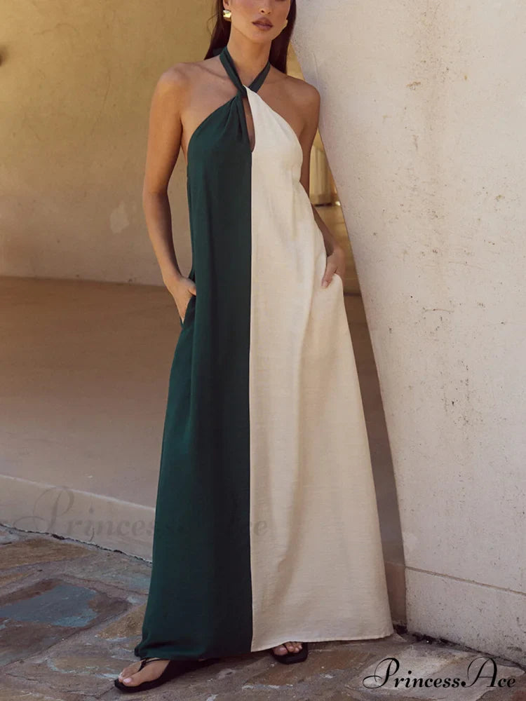 Hanging Neck Bold Contrast Color Trendy Halter Pocketed A-Line Maxi Dress image 2