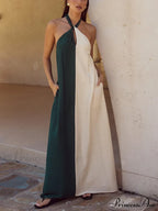Hanging Neck Bold Contrast Color Trendy Halter Pocketed A-Line Maxi Dress image 2
