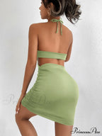 Hanging Neck Lace up Bodycon Mini Sleeveless Hollow Backless Slim Fit Wrap Hip Cut Out Dress image 2