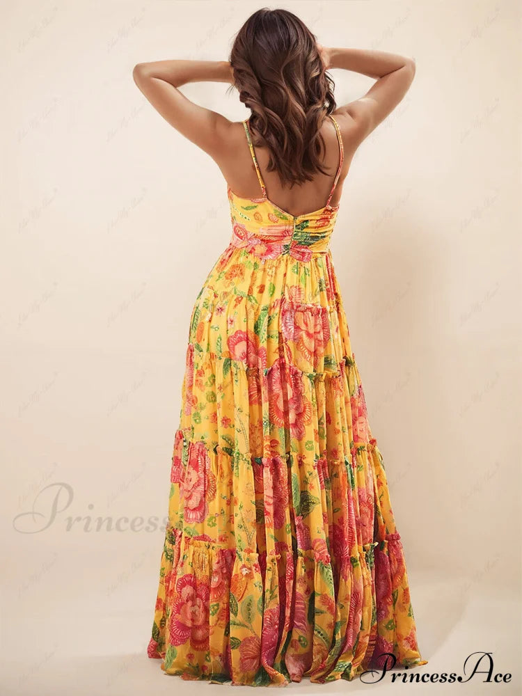 Hanging Neck Printed Floral Graceful Design Backless Straight Maxi Dress image 3