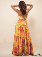 Hanging Neck Printed Floral Graceful Design Backless Straight Maxi Dress image 3