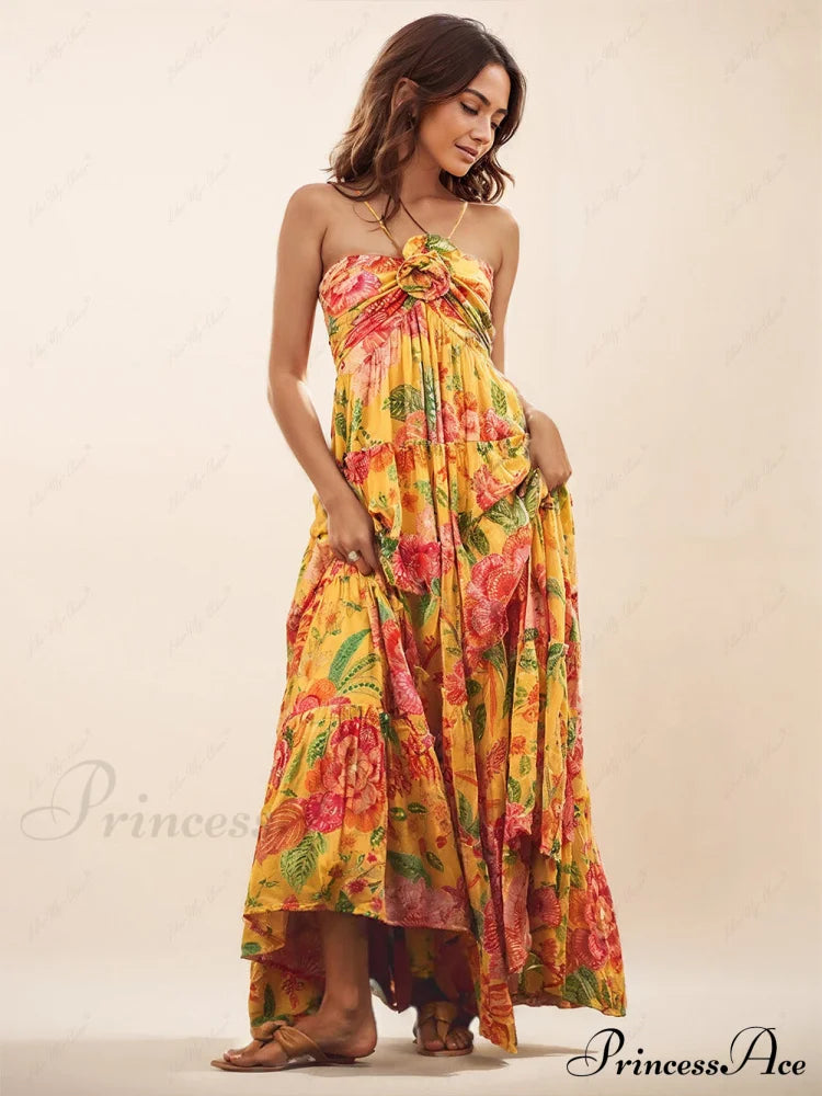 Hanging Neck Printed Floral Graceful Design Backless Straight Maxi Dress image 1