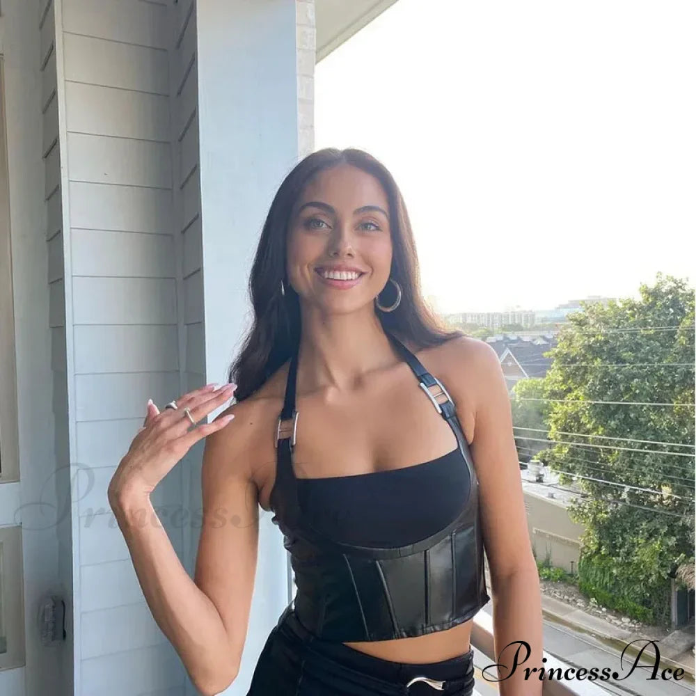 Hanging Neck Sexy Black Nightclub Matte Charm Hot High Street Shrink Gather Women's Navel Short Vest Tank top image 2