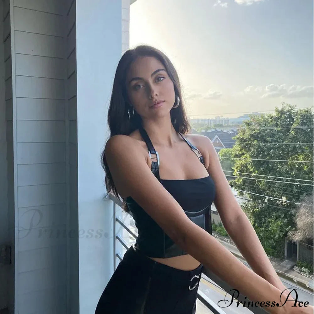 Hanging Neck Sexy Black Nightclub Matte Charm Hot High Street Shrink Gather Women's Navel Short Vest Tank top image 7