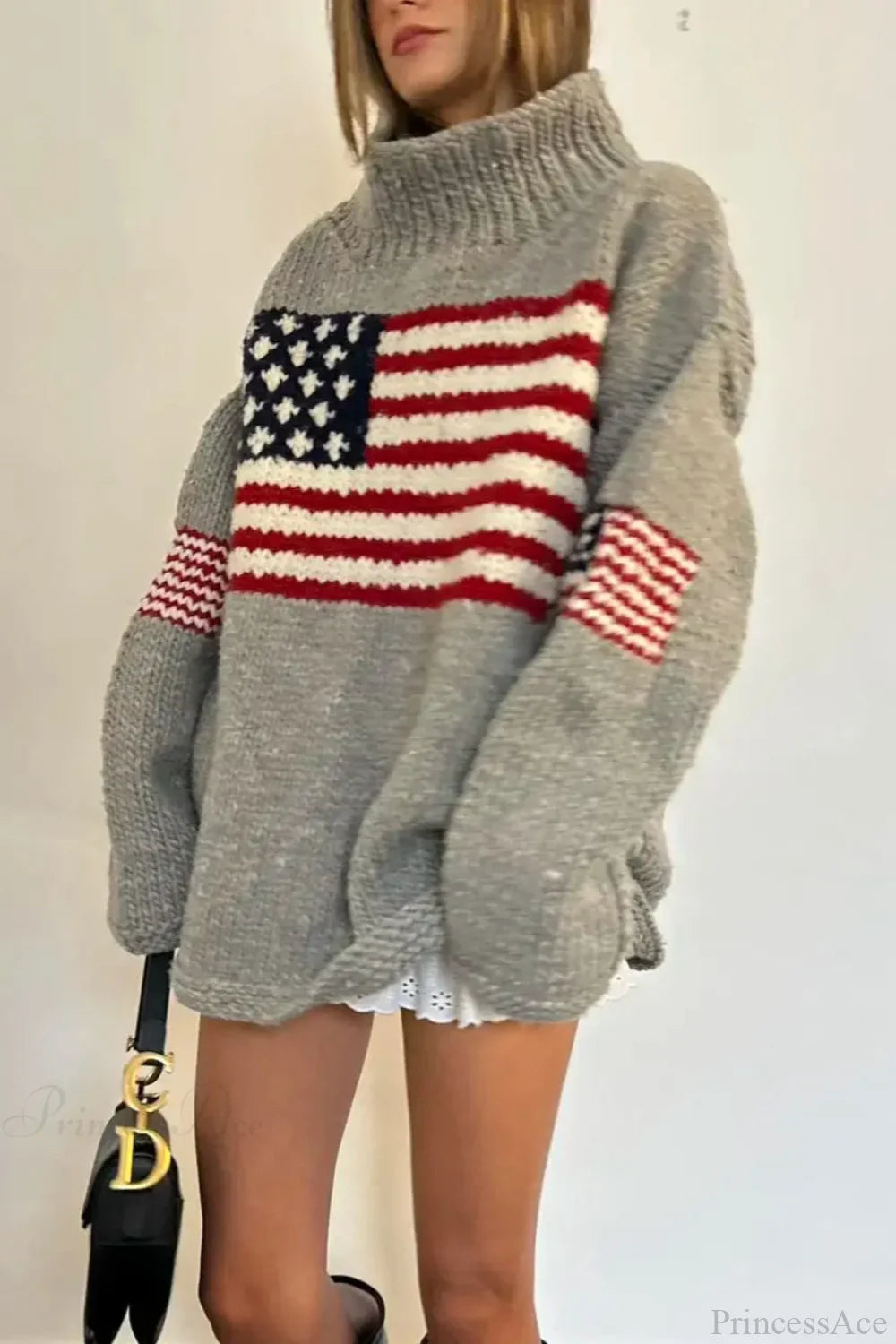 Harajuku Retro US Flag High Neck Sweater image 2