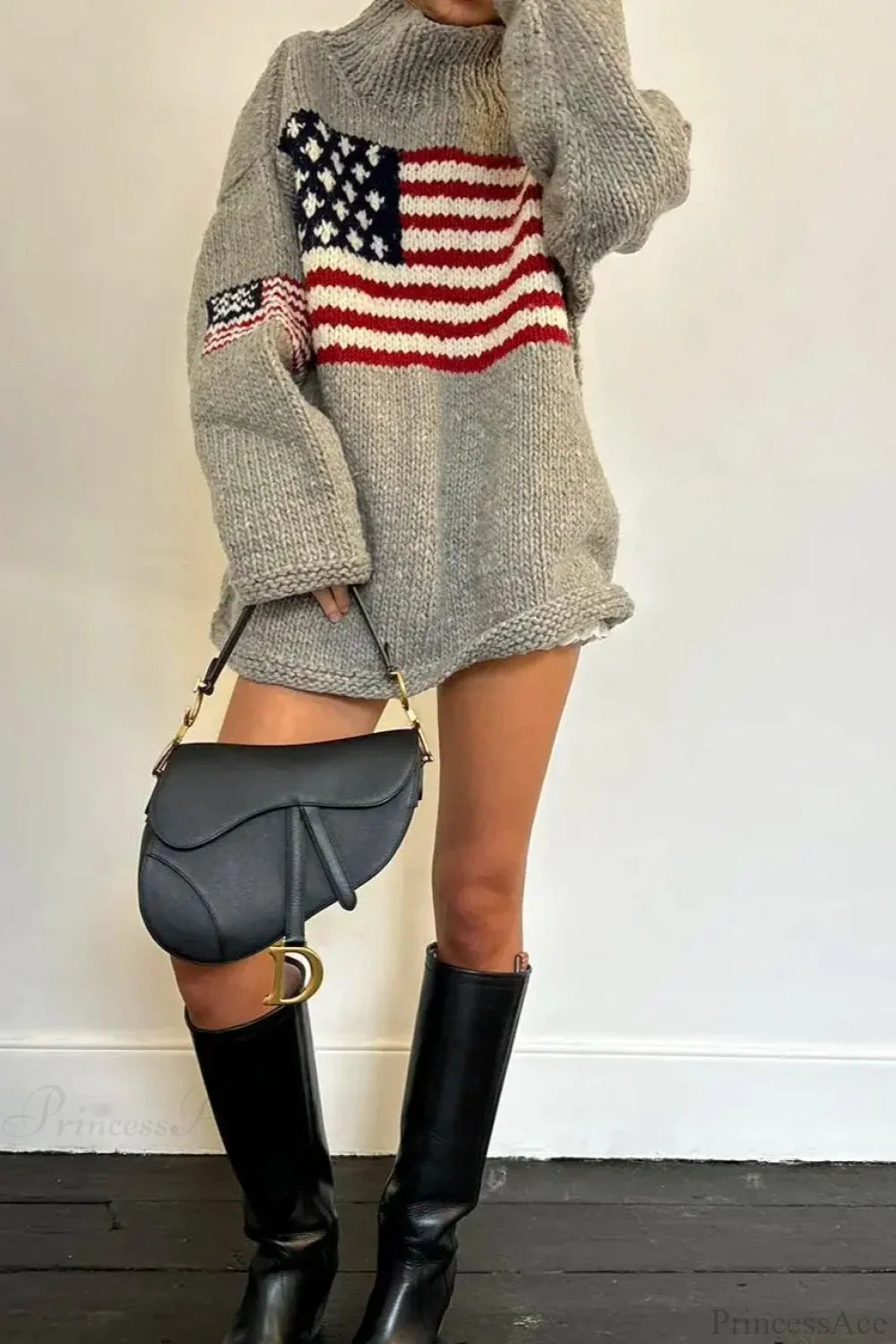 Harajuku Retro US Flag High Neck Sweater image 5
