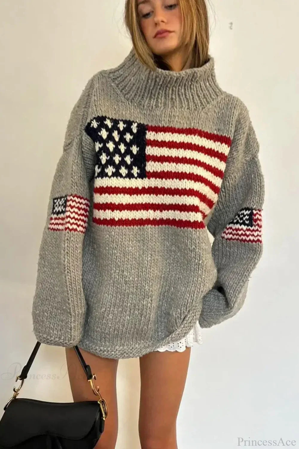 Harajuku Retro US Flag High Neck Sweater image 3