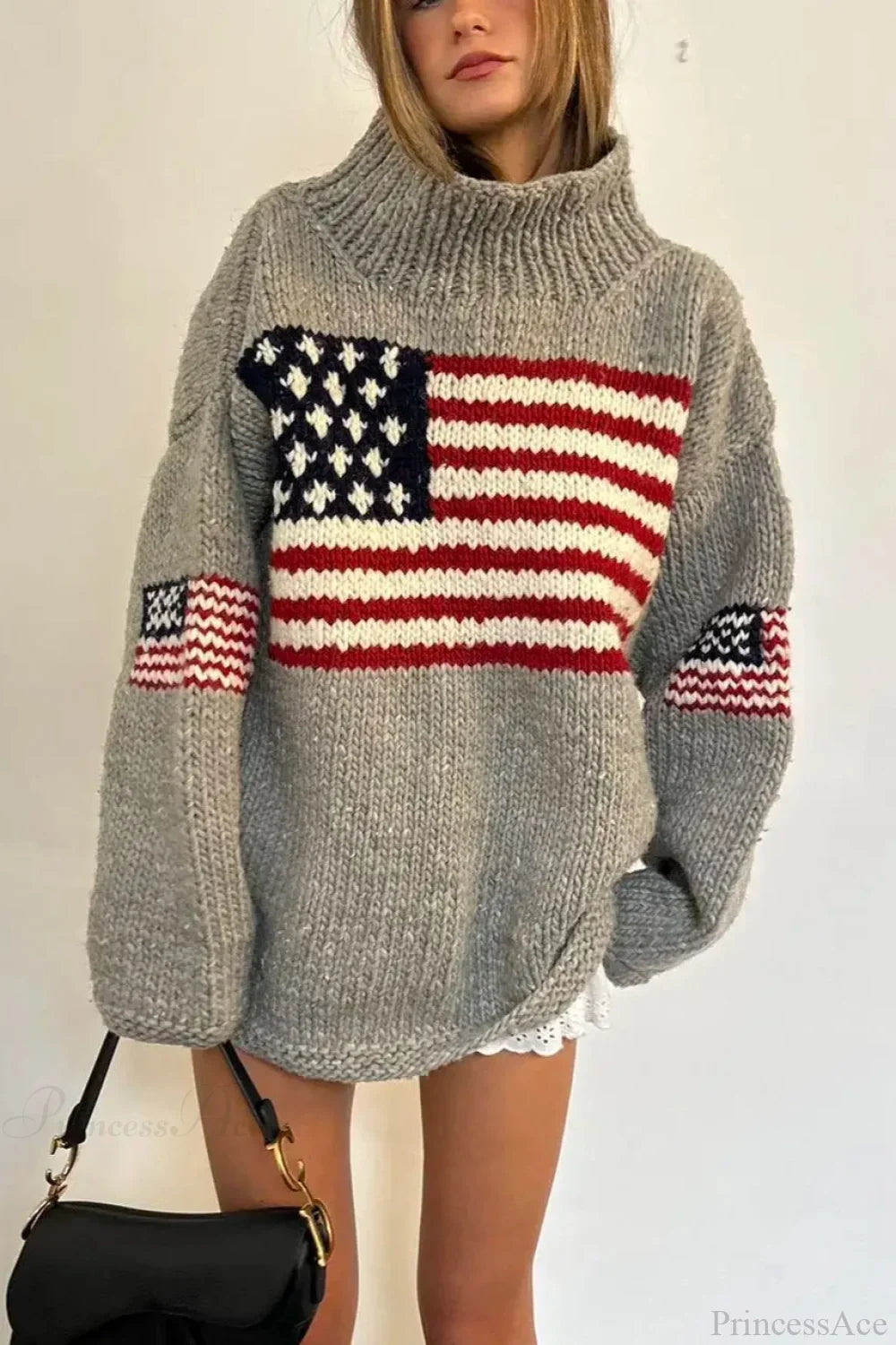 Harajuku Retro US Flag High Neck Sweater image 1