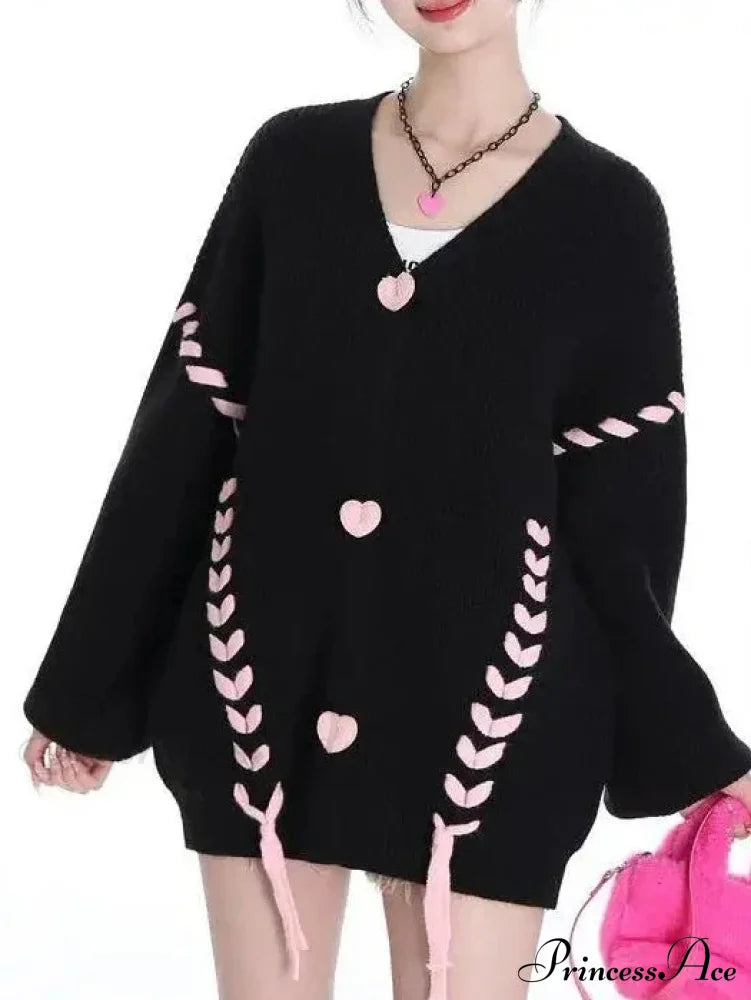 Heart Buttons Ribbion Charming Lace Up Cardigan image 3