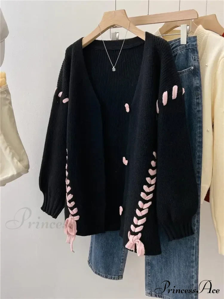 Heart Buttons Ribbion Charming Lace Up Cardigan image 8