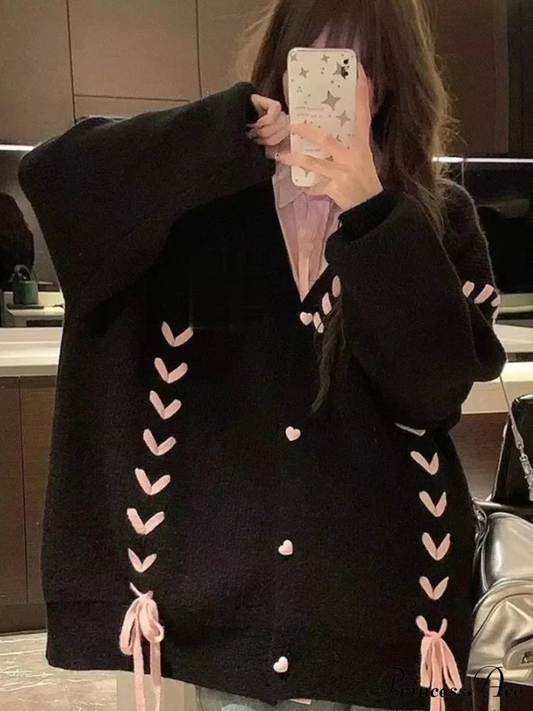 Heart Buttons Ribbion Charming Lace Up Cardigan image 6