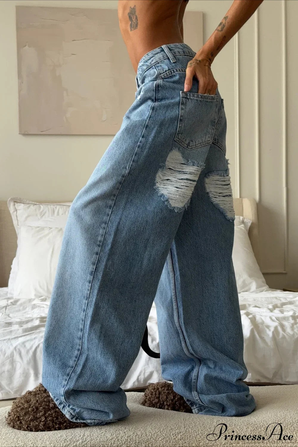 Heart Distressed Low Waist Wide Leg Straight Jeans image 3