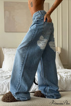 Heart Distressed Low Waist Wide Leg Straight Jeans image 3