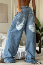 Heart Distressed Low Waist Wide Leg Straight Jeans image 1