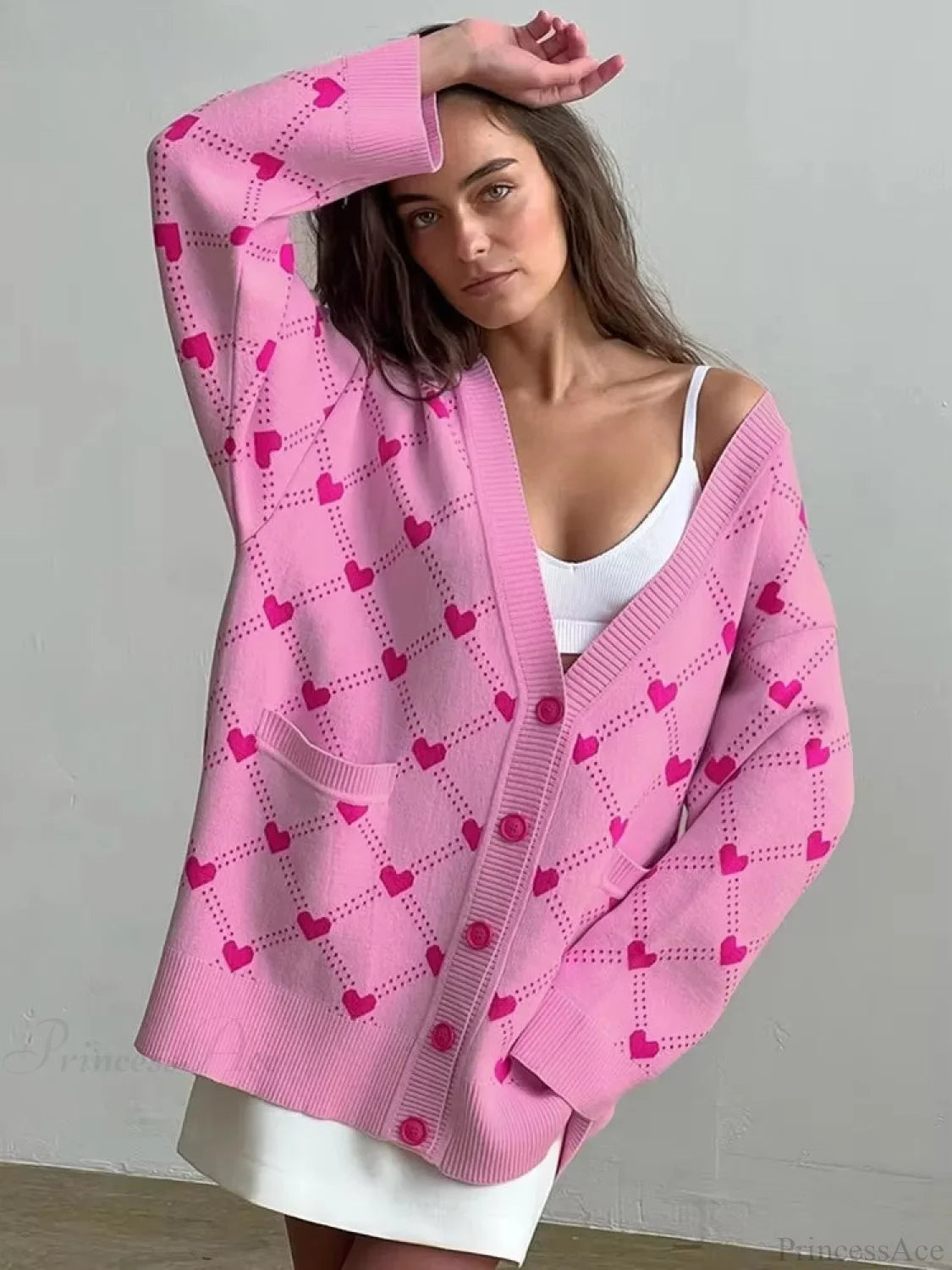Heart Pattern V-Neck Loose Pockets Knit Cardigan image 1