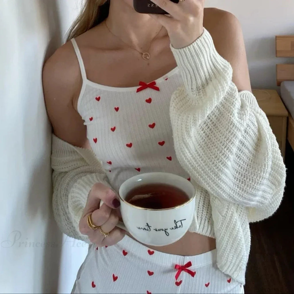 Heart Print Bow Trim Spaghetti Strap Camis Elastic Shorts Two Pieces Set image 3