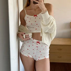 Heart Print Bow Trim Spaghetti Strap Camis Elastic Shorts Two Pieces Set image 1