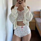 Heart Print Bow Trim Spaghetti Strap Camis Elastic Shorts Two Pieces Set image 2