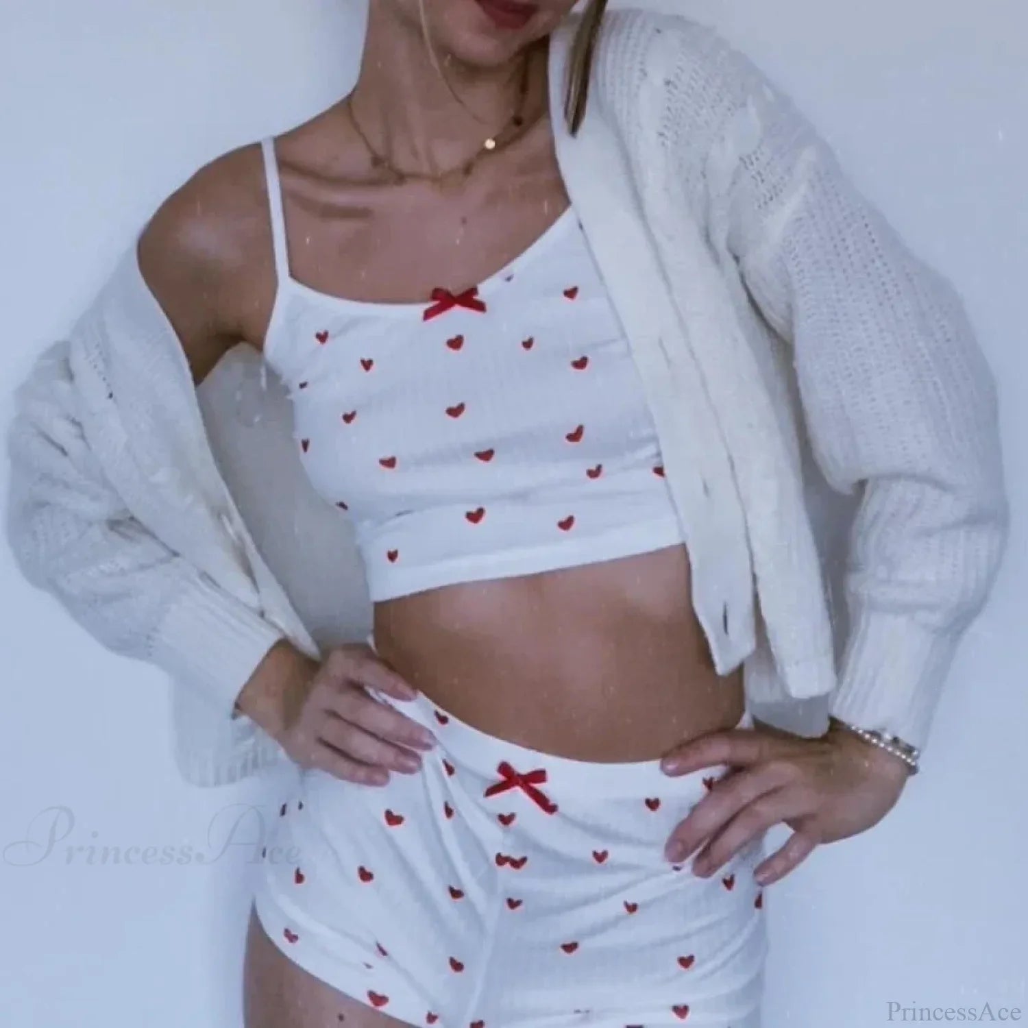 Heart Print Bow Trim Spaghetti Strap Camis Elastic Shorts Two Pieces Set image 6