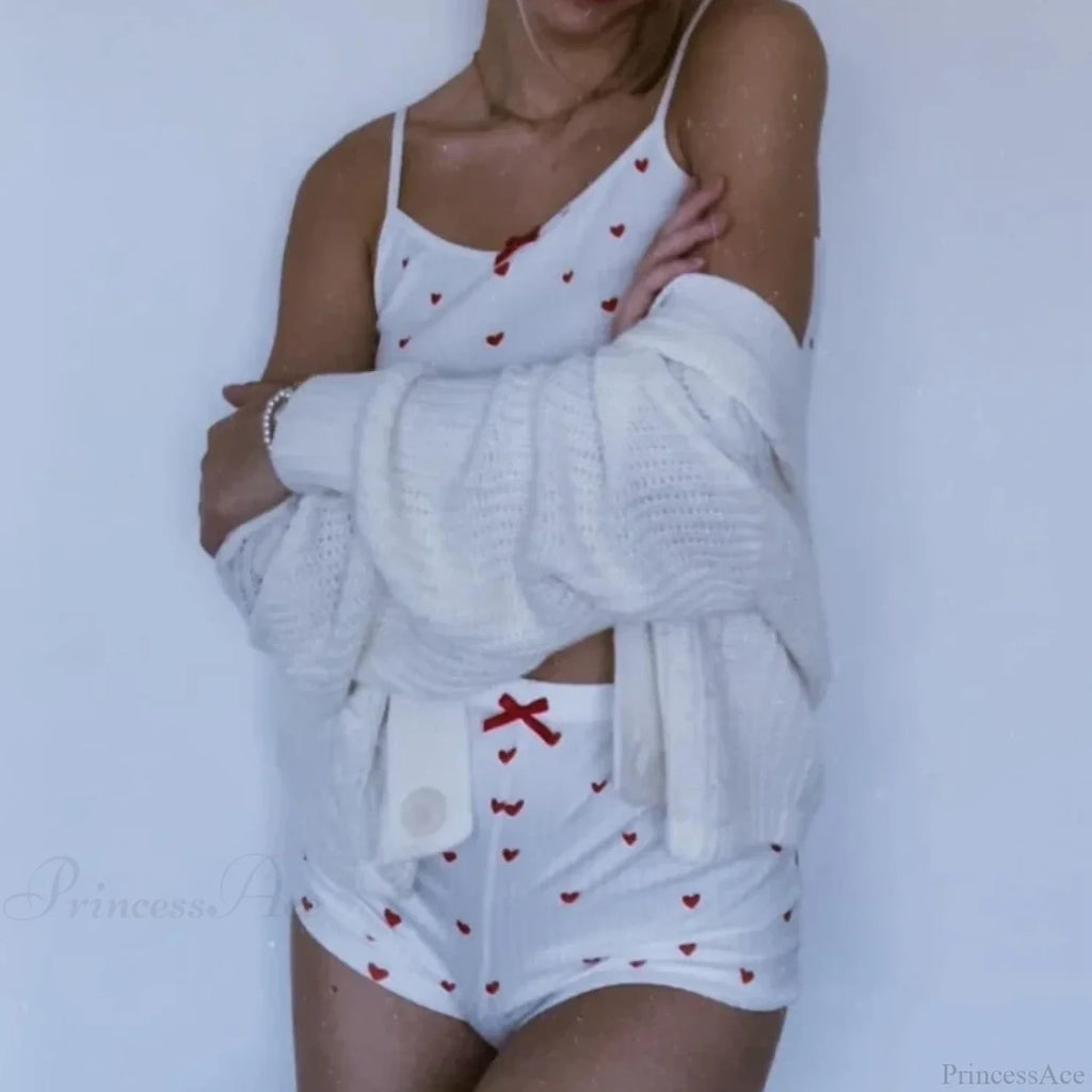 Heart Print Bow Trim Spaghetti Strap Camis Elastic Shorts Two Pieces Set image 4