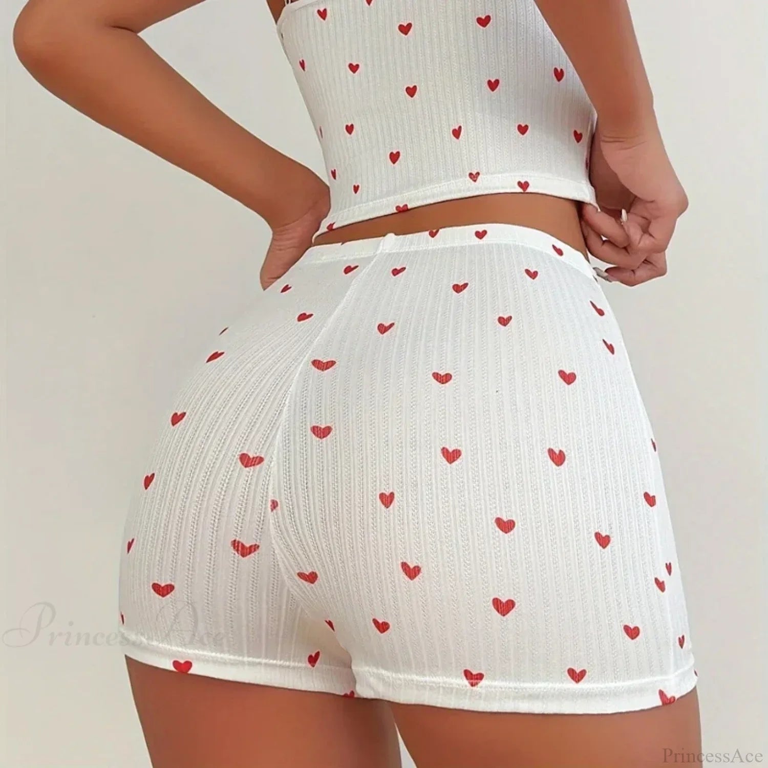 Heart Print Bow Trim Spaghetti Strap Camis Elastic Shorts Two Pieces Set image 5