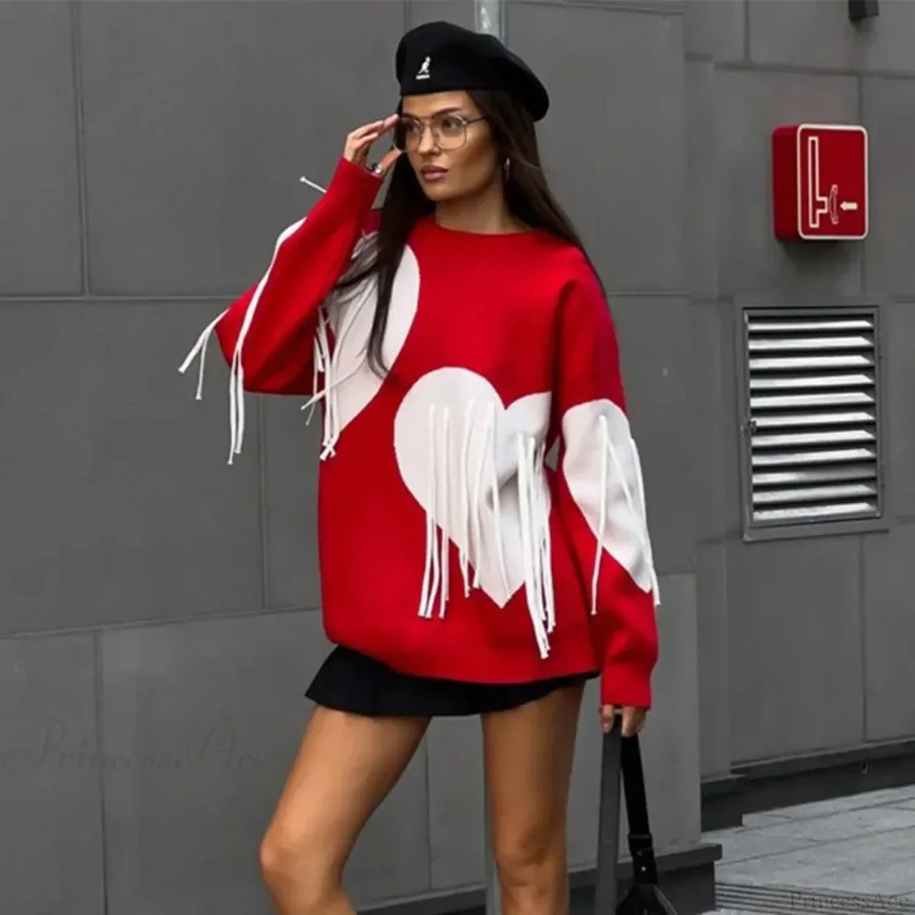 Heart Print O-neck Long Sleeve Sweater image 2