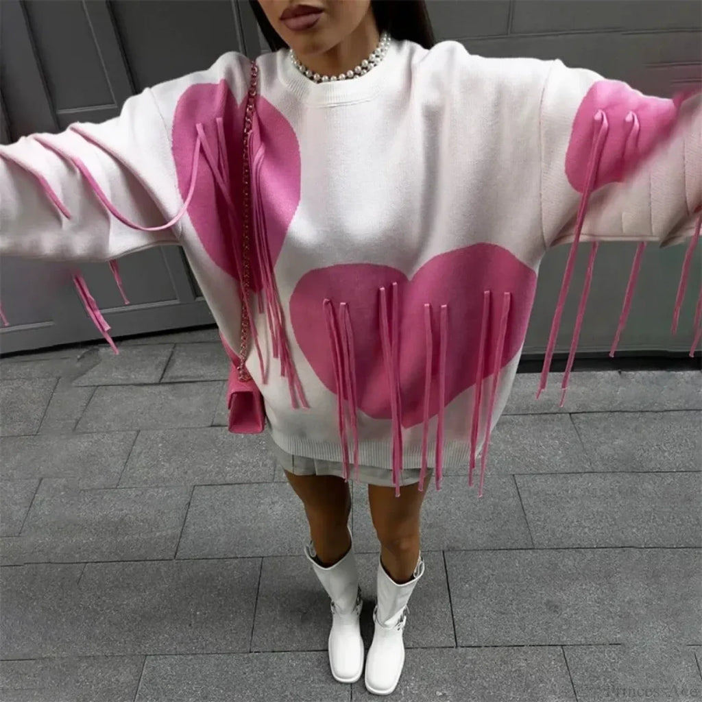 Heart Print O-neck Long Sleeve Sweater image 4