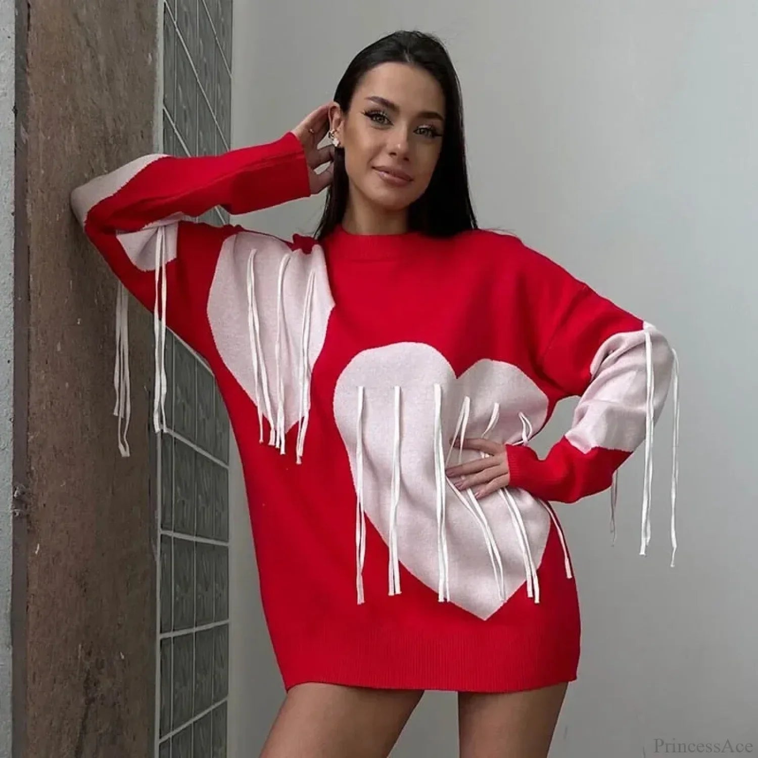 Heart Print O-neck Long Sleeve Sweater image 3