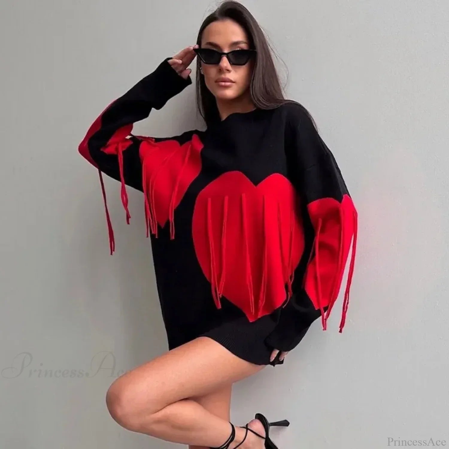Heart Print O-neck Long Sleeve Sweater image 7