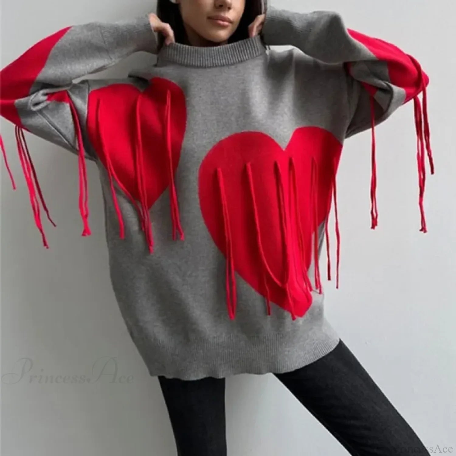 Heart Print O-neck Long Sleeve Sweater image 8