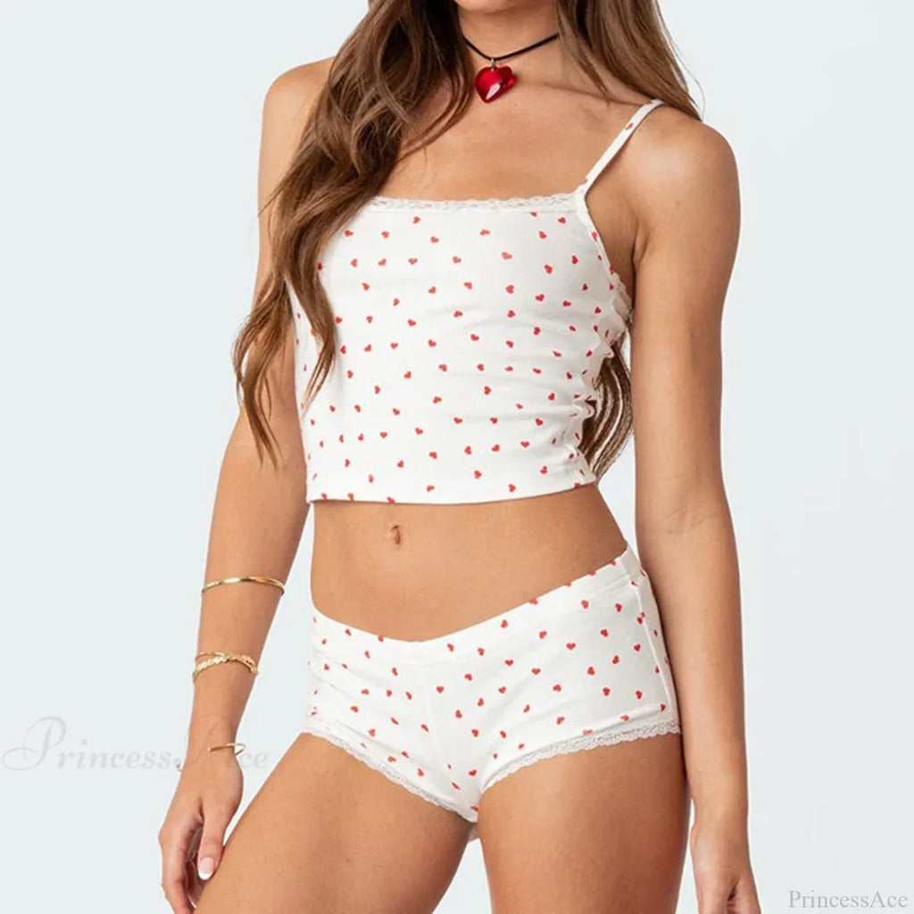 Heart Printed Kawaii Lace Trim Camis Micro Shorts Two Pieces Set image 5