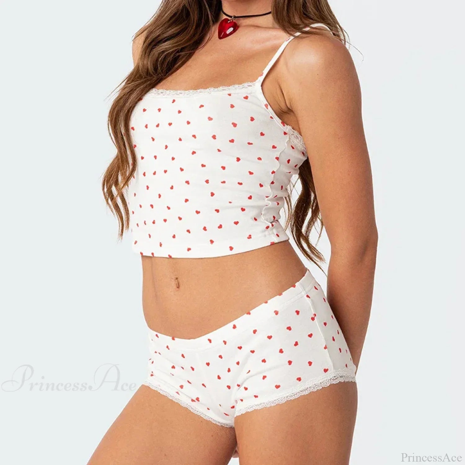 Heart Printed Kawaii Lace Trim Camis Micro Shorts Two Pieces Set image 4
